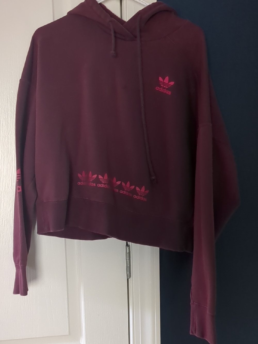 adidas Maroon Crewneck Hoodie with Pink Trefoil Accents
